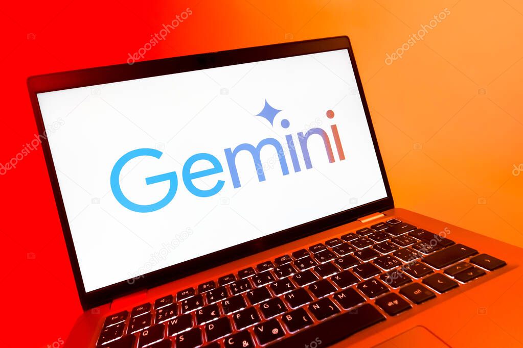 Prague, Czechia - 08 12 2025: A dynamic close-up of a laptop displaying the Gemini logo. Gemini is a platform for cryptocurrency trading and management.