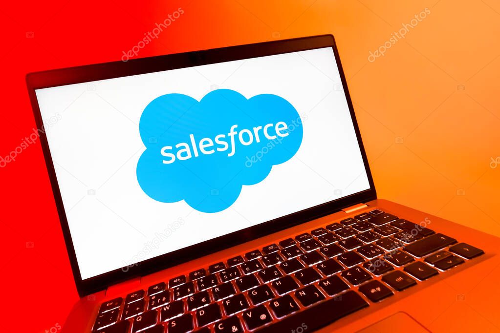 Prague, Czechia - 08 12 2025: A dynamic close-up of a laptop displaying the Salesforce logo. Salesforce is a platform for customer relationship management and cloud services.