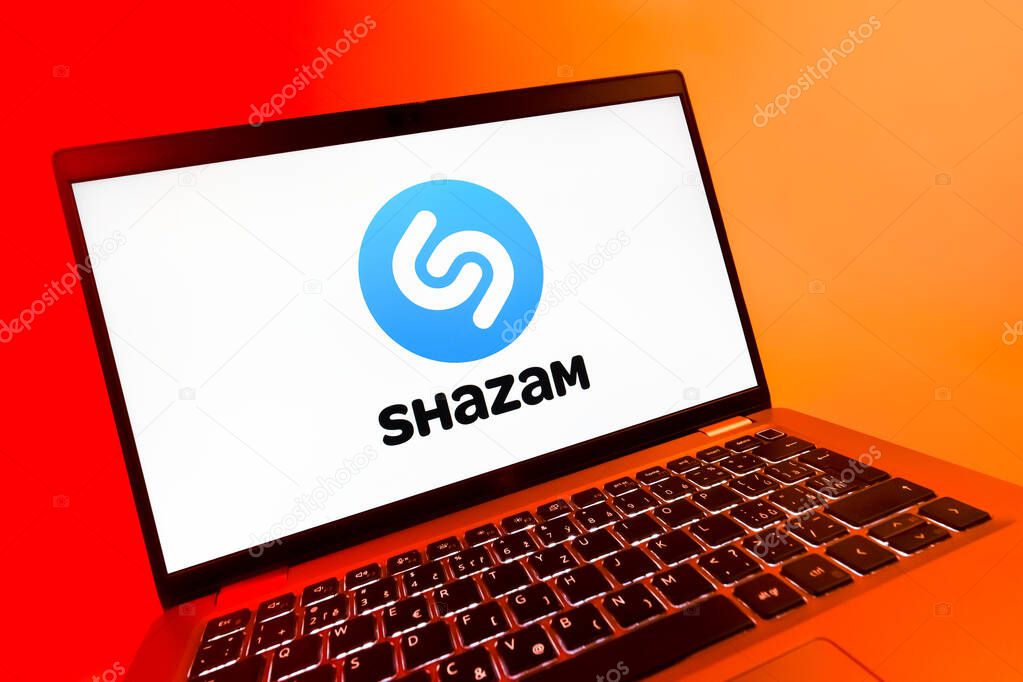 Prague, Czechia - 08 12 2025: A dynamic close-up of a laptop displaying the Shazam logo. Shazam is an app for identifying songs and music tracks.