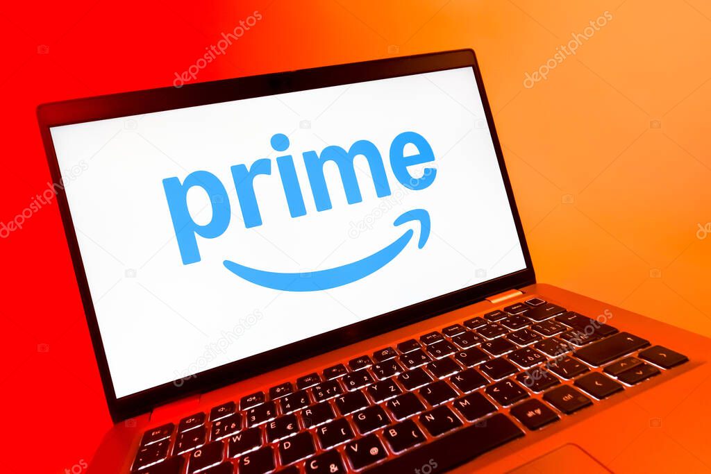 Prague, Czechia - 08 12 2025: A dynamic close-up of a laptop displaying the Prime logo. Prime is a subscription service for shopping, streaming, and benefits.