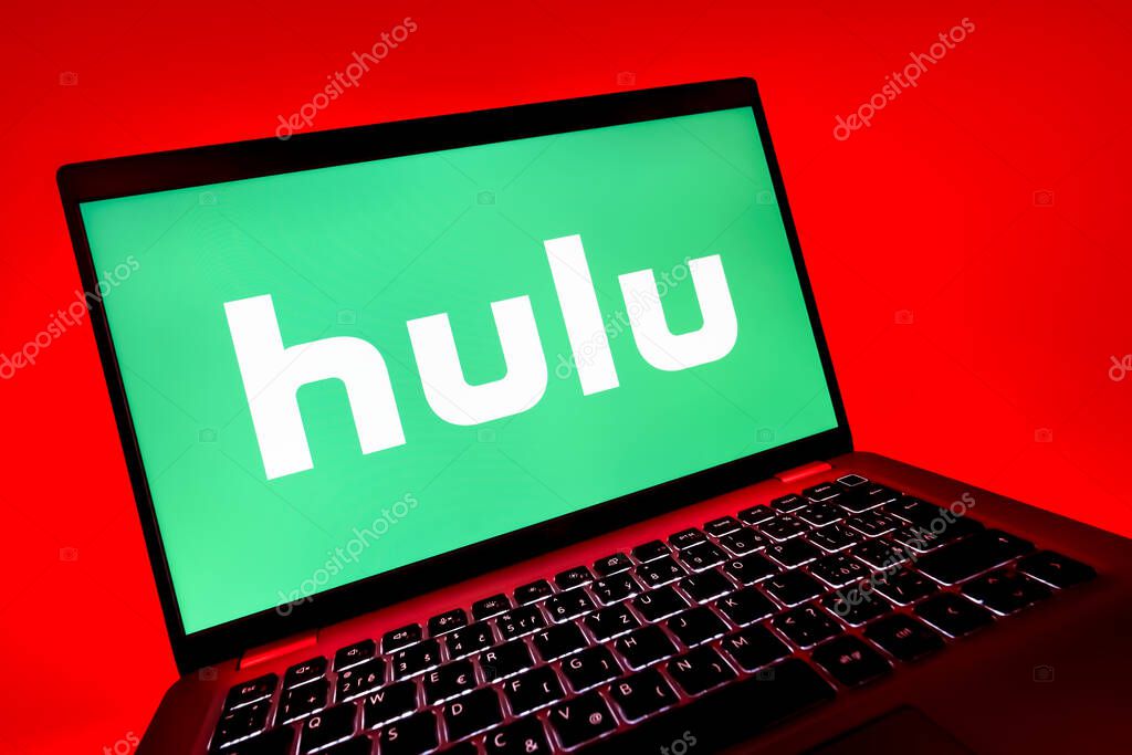 Prague, Czechia - 08 12 2025: A dynamic close-up of a laptop displaying the Hulu logo. Hulu is a streaming platform for TV shows, movies, and live TV.