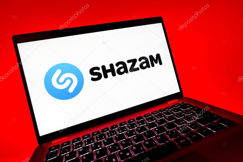 Prague, Czechia - 08 12 2025: A dynamic close-up of a laptop displaying the Shazam logo. Shazam is an app for identifying songs and music tracks.
