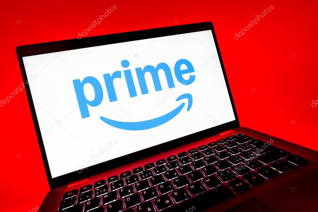Prague, Czechia - 08 12 2025: A dynamic close-up of a laptop displaying the Prime logo. Prime is a subscription service for shopping, streaming, and benefits.