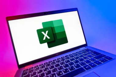 Prag, Çek Cumhuriyeti - 08 12 2025: Excel logosunu gösteren bir dizüstü bilgisayarın dinamik yakın çekimi. Excel, tablo, veri analizi ve hesaplamalar için bir yazılımdır..