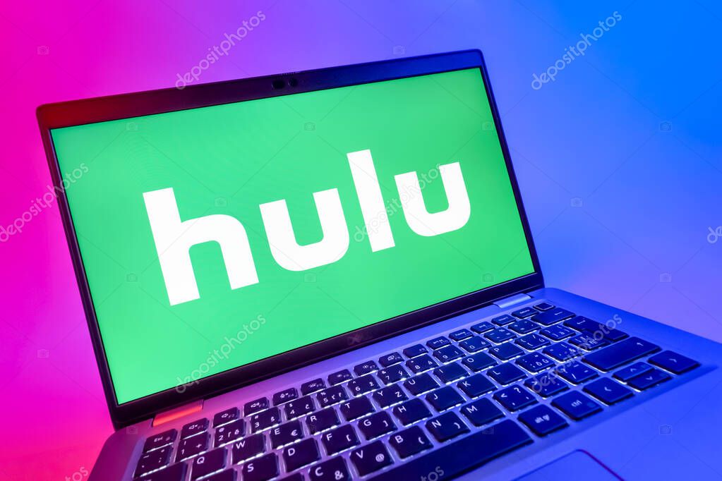 Prague, Czechia - 08 12 2025: A dynamic close-up of a laptop displaying the Hulu logo. Hulu is a streaming platform for TV shows, movies, and live TV.