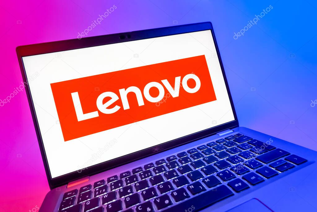 Prague, Czechia - 08 12 2025: A dynamic close-up of a laptop displaying the Lenovo logo. Lenovo is a technology company producing computers and electronics.