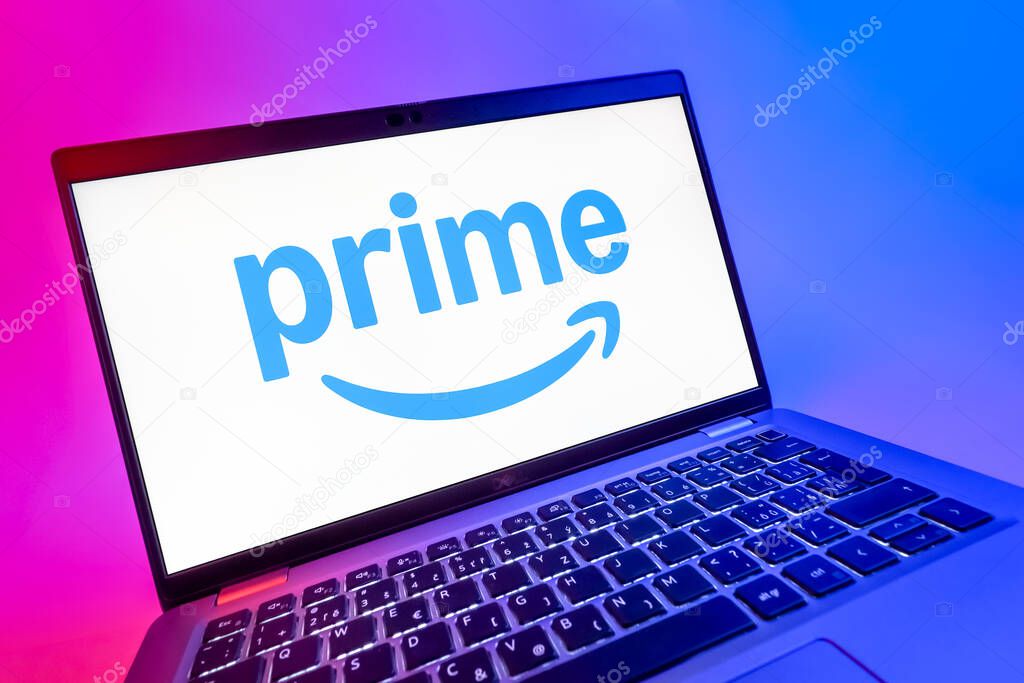 Prague, Czechia - 08 12 2025: A dynamic close-up of a laptop displaying the Prime logo. Prime is a subscription service for shopping, streaming, and benefits.