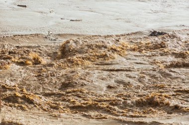 Üzerinde bir sürü çamur ve enkaz yüzen büyük bir su kütlesi. Su bulanık ve kahverengi görünüyor ve kıyıya çarpan birkaç büyük dalga var.