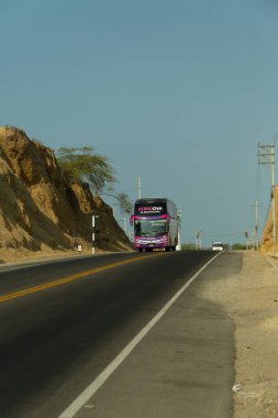 Acapulco, Tumbes, Peru 11-30-2024: Arka planda mavi gökyüzü olan bir yolda mor bir otobüs ilerliyor. Yol boş ve yoldaki tek araç otobüs.
