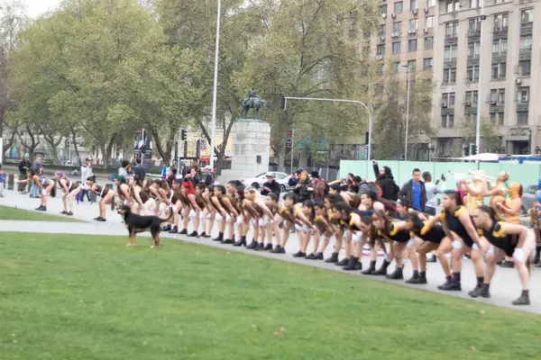Santiago, Şili - 19 Eylül 2019: Bir grup kadın arka planda bir köpekle birlikte bir tarlaya dizildiler. Sahne neşeli ve eğlenceli, çünkü kadınlar muhtemelen bir geçit törenine ya da bir çeşit etkinliğe katılıyorlar..