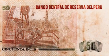 Tumbes, Tumbes, Peru - 05-12-2023: Eski Peru Banknote, Peru 'dan 50 centavo fatura. Faturada bir erkek ve bir kadının resmi var.