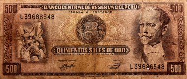 Tumbes, Tumbes, Peru - 05-12-2023: Eski Peru Banknotları, üzerinde bir adam olan 500 'lük banknot. Adamın şapkası ve bıyığı var.