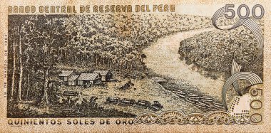 Tumbes, Tumbes, Peru - 05-12-2023: Eski Peru Banknote, üzerinde nehir ve ev olan 500 peso banknot. Gagası kahverengi ve çok detay içeriyor.