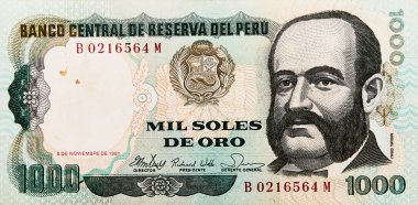 Tumbes, Tumbes, Peru - 05-12-2023: Eski Peru banknotu, üzerinde bir adamın resmi olan bir banknot. Adamın sakalı ve bıyığı var. Banknotun değeri 1000 dolar.