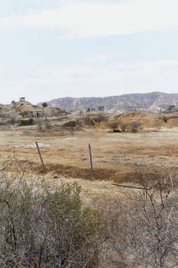 Çitleri ve birkaç ağacı olan ıssız bir arazi. Gökyüzü açık ve güneş parlıyor.