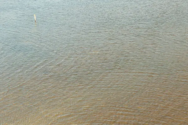 Su sakin ve hareketsiz, yüzeyde dalgalanmalar oluşuyor. Gökyüzü açık ve mavi, ve suyun üzerinde uçan bir kuş var.