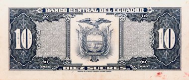 Tumbes, Tumbes, Peru - 05-12-2023: Eski Ekvador Banknote, Del Ekvador 'un merkez bankasından 10 sent fatura. Gagası siyah beyaz ve üstünde bir kuş var.