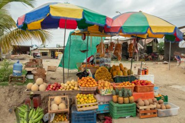 Tumbes, Tumbes, Garbanzal - Peru 12-11-2021: Renkli şemsiyeli bir meyve standı. Büfe elma, portakal ve muz da dahil olmak üzere meyve dolu.