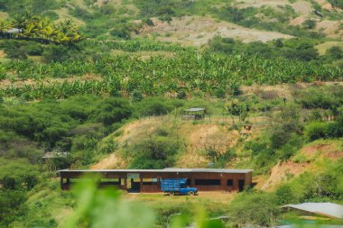 Küçük bir binası ve kamyonu olan yemyeşil bir yamaç. Bina ahşaptan yapılmış ve çatısı var. Kamyon binanın önünde park halinde.