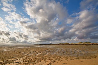 Uzaktaki Bowen 'in tarihi iskelesi, Avustralya' nın tropikal Queensland bölgesinin WhitSunday bölgesinde, Bowen 'da gelgit düzlüklerinin karamsar bir gökyüzü ile buluştuğu dramatik bir kıyı sahnesine uzanır..