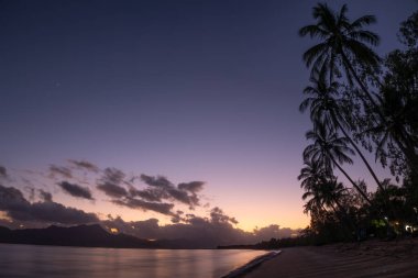Cardwell Sahili ve Hinchinbrook Adası arasındaki sakin kanalın üzerinde şafak vakti Hindistan cevizi palmiyeleri gökyüzünü çerçeveliyor. Avustralya 'nın tropik Queensland kentindeki Cardwell' de uzun pozlama fotoğrafında..