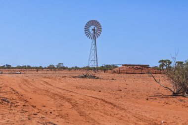 Sturt Ulusal Parkı, Yeni Güney Galler, Avustralya 'nın uçsuz bucaksız kızıl topraklarında tek başına duran yel değirmeni Avustralya kırsalının saf güzelliğini ve dayanıklılığını yakalıyor..