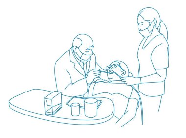 Hasta ve doktor, sürekli çizgi çiziyorlar. vektör illüstrasyonu.