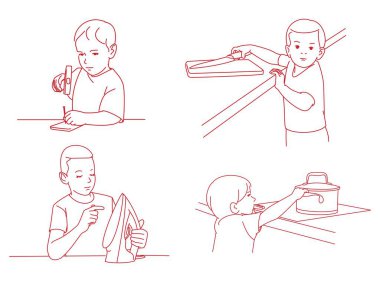 Ödev yapan genç bir adam. Bir adamın vektör illüstrasyonu.