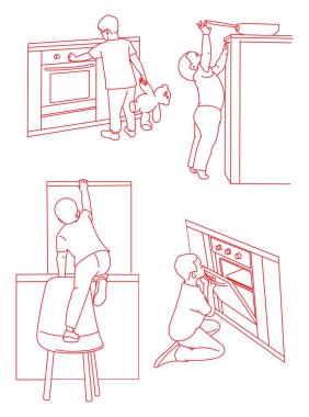  Küçük çocuk evde elektrikli fırınla oynuyor.