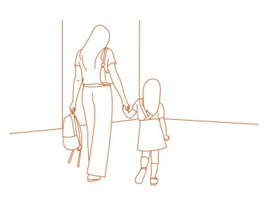 Anne kızının elini tutuyor ve okul girişine doğru yürüyor..