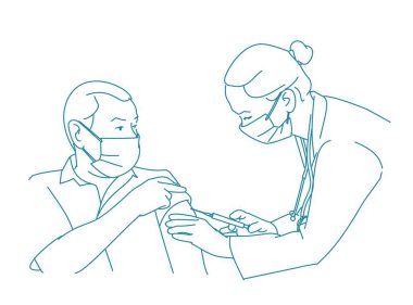 Yaşlı adam bir kadın doktordan aşı oluyor.