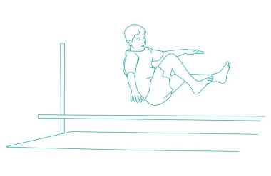 Okul spor gününde yüksek atlama yapan bir çocuk, yerel okul yarışması