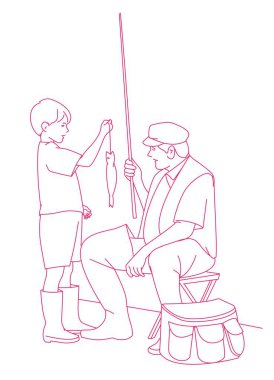  Oğlan ve büyükbaba balık tutuyor - yaz günü