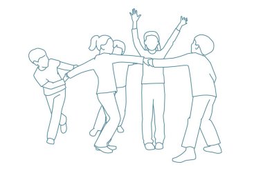  Bir grup arkadaş pembe oyun etrafında halka oynuyorlar.