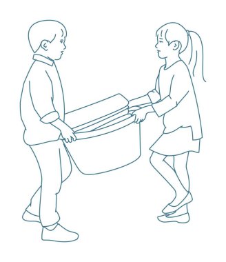 Evde çamaşır yıkayan iki çocuk. Evde çamaşır yıkayan iki çocuk.