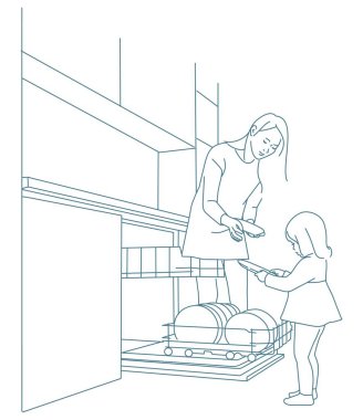  Küçük kız annesinin bulaşıkları makineye koymasına yardım ediyor.