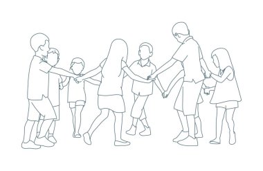 Bir grup küçük çocuk parkta çember şeklinde oynuyorlar.