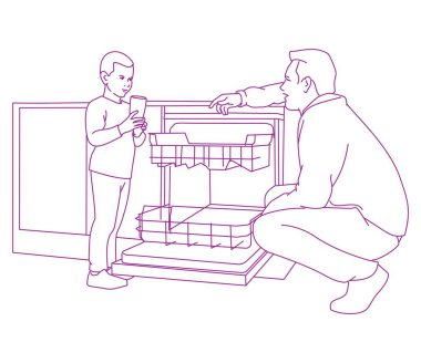 Baba ve küçük oğlu evde bulaşık makinesi kullanıyorlar.