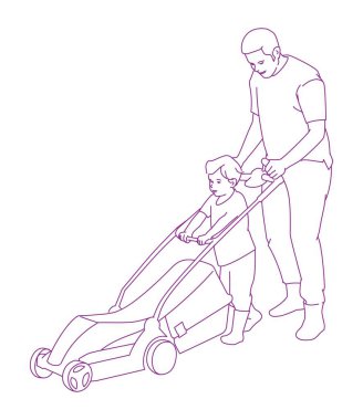 Baba ve oğul bahçede, çimleri biçmeye hazırlanıyorlar.