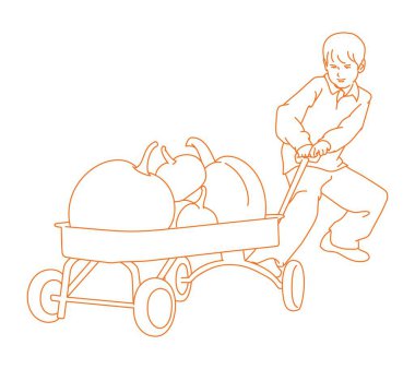 Çocuk balkabağı arabasını çekiyor Çocuk kabak arabasını çekiyor