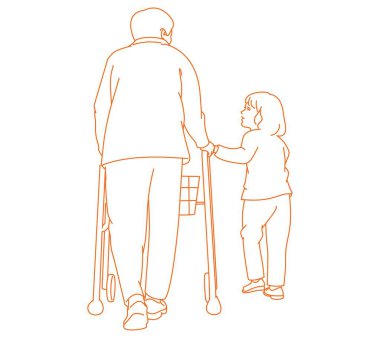  Büyükanne ve çocuk koridorda yürüyorlar.