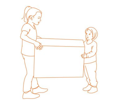  Küçük kızlar büyük bir karton kutu taşırken iş birliği yapıyorlar. 