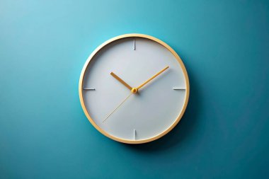 Mavi Arkaplanda Altın Çerçeveli Minimalist Beyaz Duvar Saati
