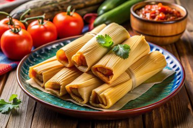 Otantik Meksika Enchilada 'sı, yanında kırmızı sos ve taze garnitür.