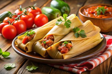 Otantik Meksika Enchilada 'sı, yanında kırmızı sos ve taze garnitür.