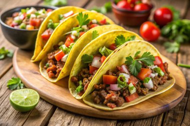 Taze salsa soslu hakiki Meksika tacoları ve tahta tahtada limon.