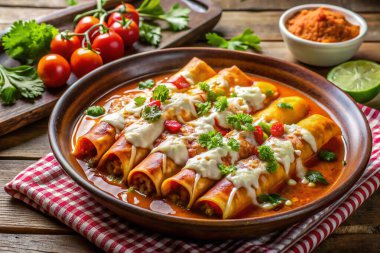 Otantik Meksika Enchilada 'sı, yanında kırmızı sos ve taze garnitür.