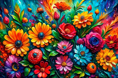 Canlı bir çiçek patlaması, renkli çiçeklerin bol miktarda sergilenmesi. yağlı boya ve dijital sanat