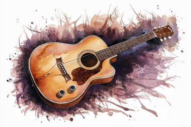 Bir Akustik Gitarın Sanatsal Suluboya İllüstrasyonu