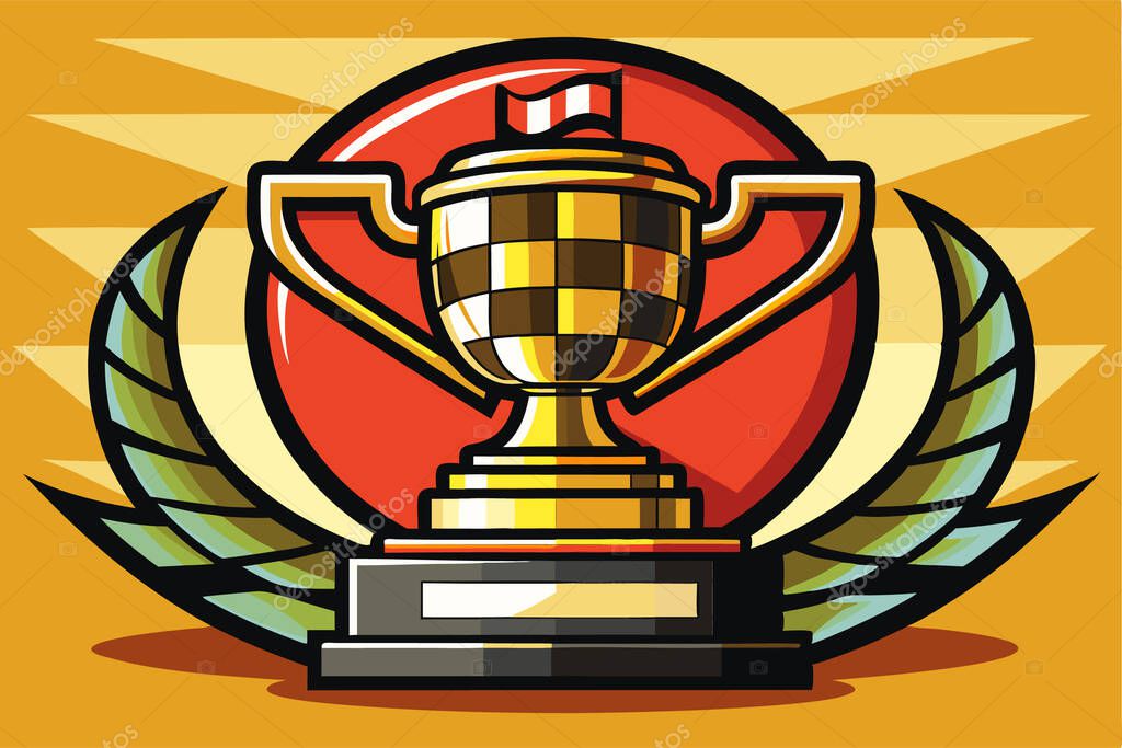 A stylized golden championship trophy with checkered flag design.